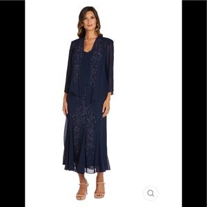 NWT, R&M RICHARDS Beaded V-Neck Two-Piece Dress,Navy blue color